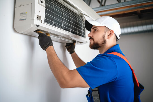 Air conditioning technician servicing a wall-mounted AC unit in Englewood, CO